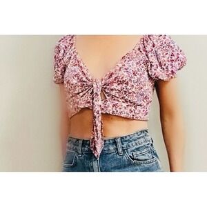 Wild Fable Crop Top Pink Floral Puff Sleeves Tie Front Smocked Size Large Boho